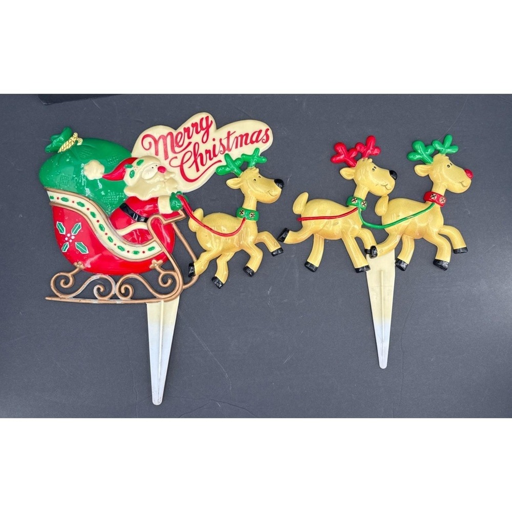 Vintage JSNY Merry Christmas Santa Sleigh Reindeer Plastic Yard Lawn Stakes 2 Pc
